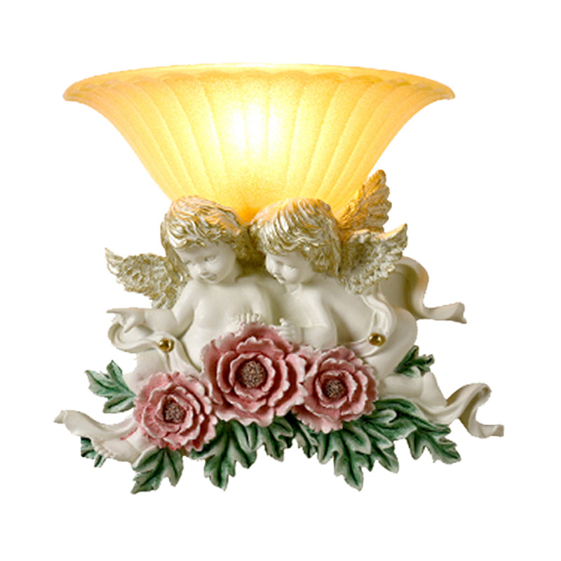 Vivolux | Geschwungene Frosted Glas Wandlampe Retro Stil 1-Licht Gelbe Flush Wandlampe mit Pink/Beige Rosen Details