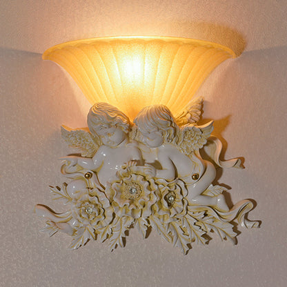 Vivolux | Geschwungene Frosted Glas Wandlampe Retro Stil 1-Licht Gelbe Flush Wandlampe mit Pink/Beige Rosen Details