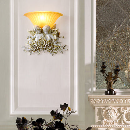 Vivolux | Geschwungene Frosted Glas Wandlampe Retro Stil 1-Licht Gelbe Flush Wandlampe mit Pink/Beige Rosen Details