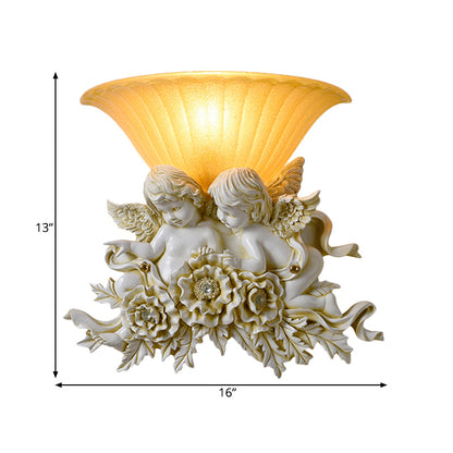 Vivolux | Geschwungene Frosted Glas Wandlampe Retro Stil 1-Licht Gelbe Flush Wandlampe mit Pink/Beige Rosen Details