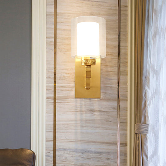 Vivolux | 1 Kopf Wandbeleuchtung mit Zylinder-Schirm klarem und weißem Glas moderner Stil Schlafzimmer Wandwandleuchte in Messing
