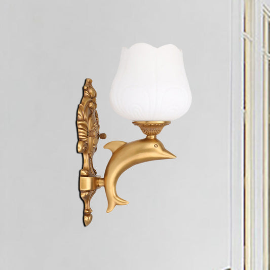 Vivolux | 1 Glühbirne Blüten Wandbeleuchtung Vintage Stil Weißes Glas Wandlicht mit goldenem Delfin Dekor