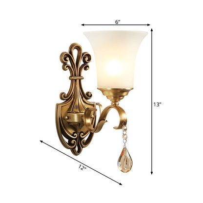 Vivolux | Witte Glazen Bel Wandlamp Licht Vintage Stijl 1/2-Kop Slaapkamer Messing Afwerking Wandverlichting met Heldere Kristal Accent