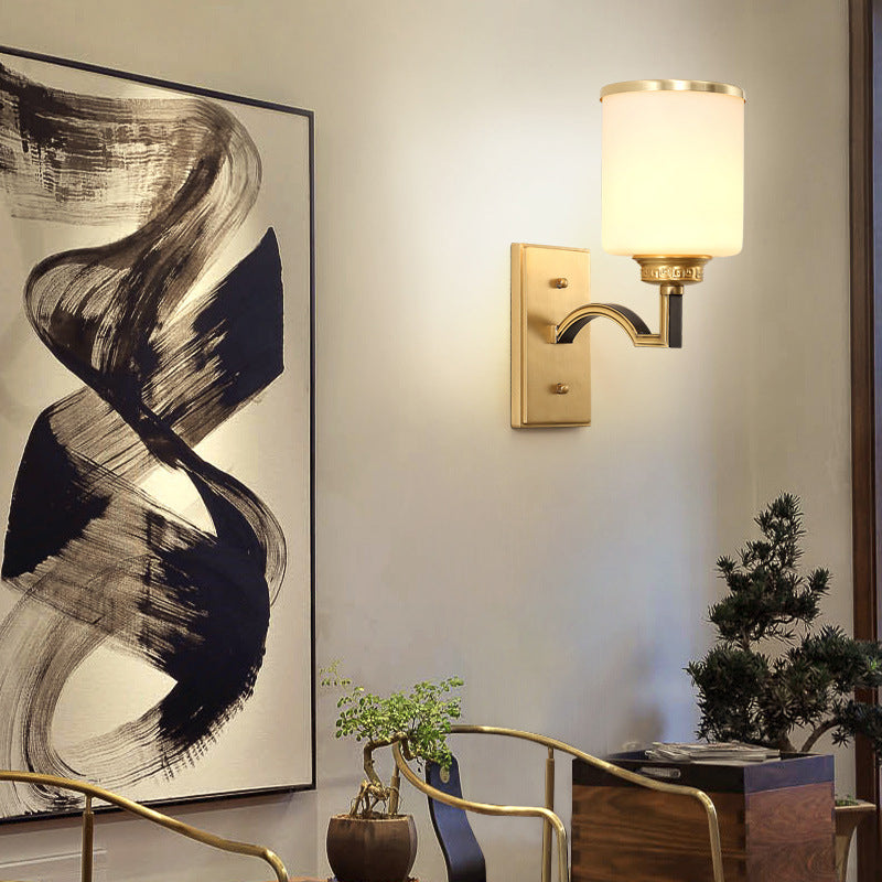 Vivolux | Zylindrische Milchglas Wandleuchte Traditioneller Stil 1/2-Licht Wohnzimmer Wandleuchte Beleuchtung in Gold