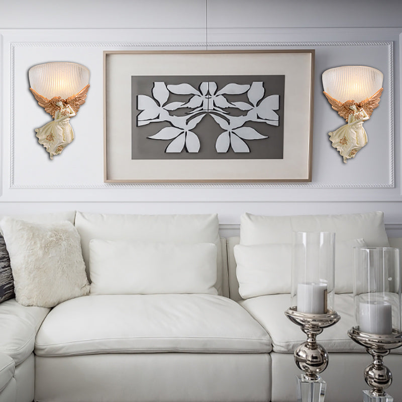 Vivolux | 10"/12" W 1 Glas Wandleuchte Lodge-Stil Schüssel Frosted Glass Wandmontage Licht mit Gold/Weiß Engel Design, Links/Rechts