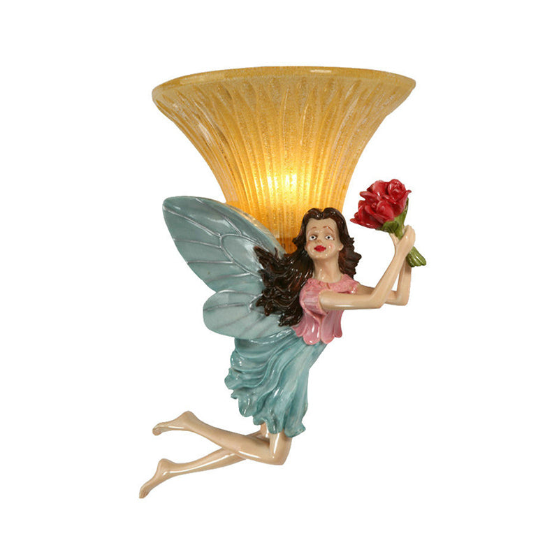 Vivolux | Retro Stijl Fee Wandverlichting 1 Hoofd Hars Blauw/Goud Wandlamp met Amber Glas Bel Shade