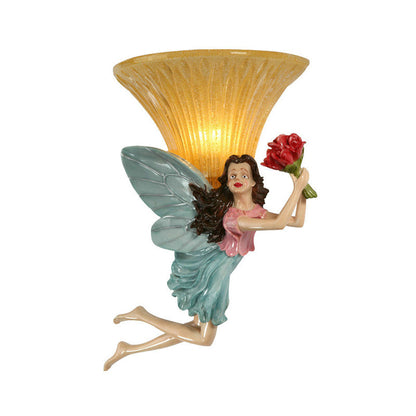 Vivolux | Retro Stijl Fee Wandverlichting 1 Hoofd Hars Blauw/Goud Wandlamp met Amber Glas Bel Shade
