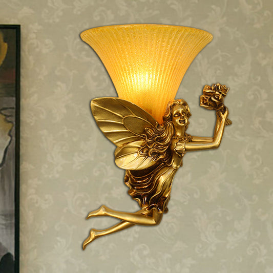Vivolux | Retro Stijl Fee Wandverlichting 1 Hoofd Hars Blauw/Goud Wandlamp met Amber Glas Bel Shade