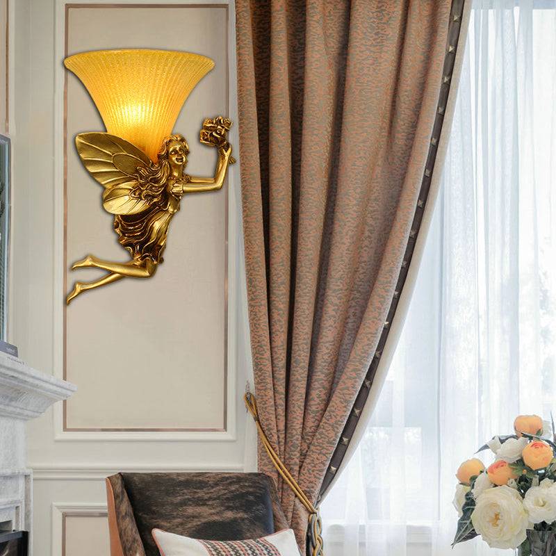 Vivolux | Retro Stijl Fee Wandverlichting 1 Hoofd Hars Blauw/Goud Wandlamp met Amber Glas Bel Shade