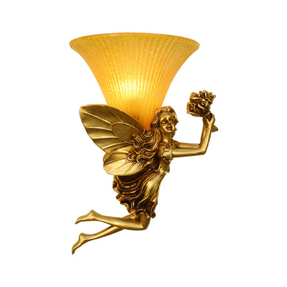 Vivolux | Retro Stijl Fee Wandverlichting 1 Hoofd Hars Blauw/Goud Wandlamp met Amber Glas Bel Shade