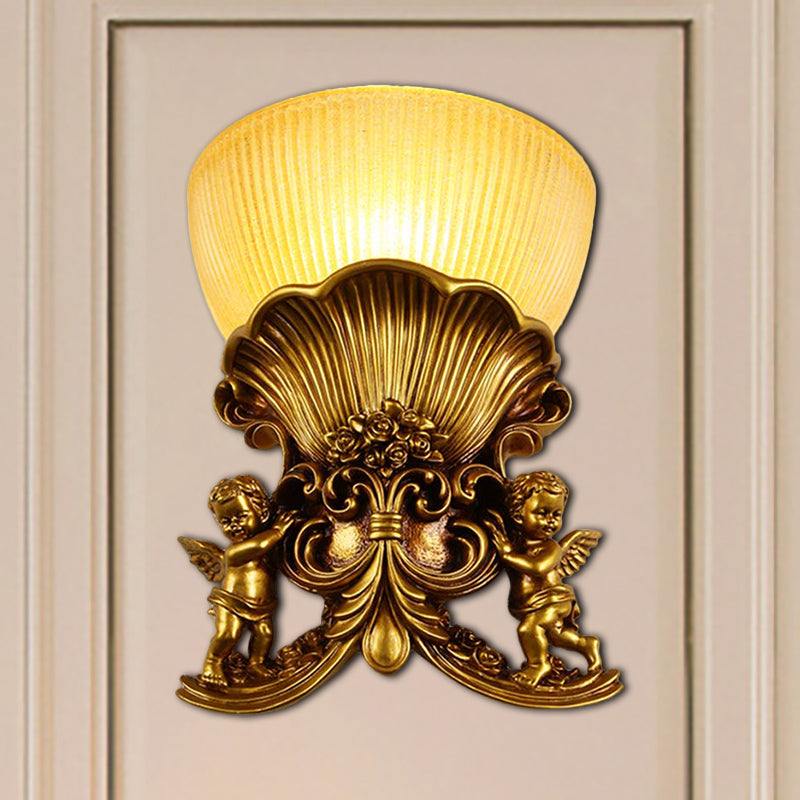Vivolux | Resin Engel Wandleuchte Modern Stil 1 Licht Innen Beige/Gold/Weiß Finish Wandmontage Licht mit Gelbes Glas Schüssel Schatten