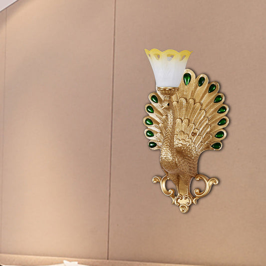 Vivolux | Traditionele Pauw Wandlamp Armatuur 1 Peertje Hars Wandlamp met Witte en Gele Glazen Bloemenschaduw