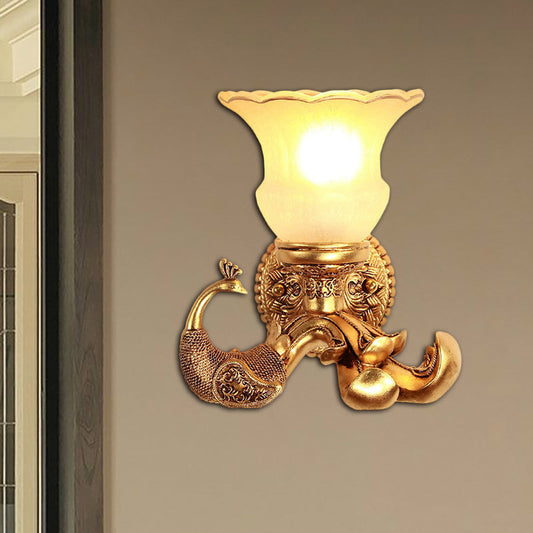 Vivolux | Frosted Glass Petal Wandlamp Vintage Stijl 1 Lamp Corridor Wandverlichting Fixture met Gouden Pauwen Achterplaat