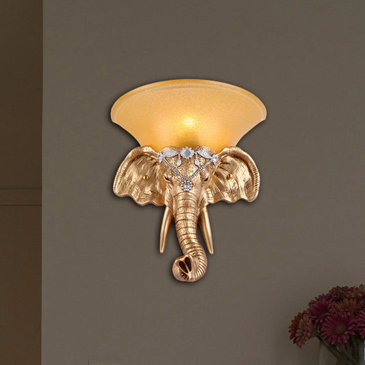 Vivolux | 1 Glühbirne Harz Wandleuchte Retro-Stil Goldener Elefantenkopf Schlafzimmer Wandlicht mit ausgestelltem gelbem Glasschirm