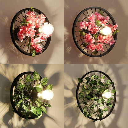 Vivolux | Schwarz 1 Licht Wandmontage Licht Loft Industrie Metallrad Design Wandbeleuchtung mit künstlicher Blumen-/Blattdekoration, 12,5"/16,5" Durchmesser