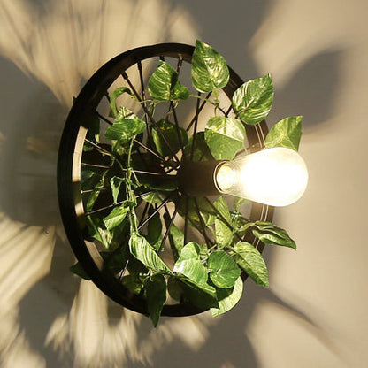 Vivolux | Schwarz 1 Licht Wandmontage Licht Loft Industrie Metallrad Design Wandbeleuchtung mit künstlicher Blumen-/Blattdekoration, 12,5"/16,5" Durchmesser