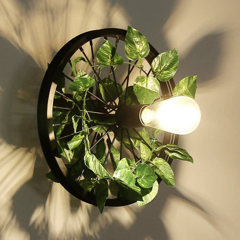 Vivolux | Schwarz 1 Licht Wandmontage Licht Loft Industrie Metallrad Design Wandbeleuchtung mit künstlicher Blumen-/Blattdekoration, 12,5"/16,5" Durchmesser