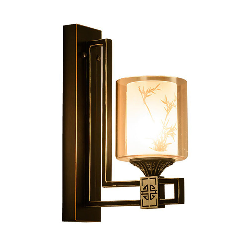 Vivolux | Zwarte cilinder voorwandlamp in traditionele stijl met amberkleurig glas 1 licht woonkamer wandlamp met metalen achterplaat