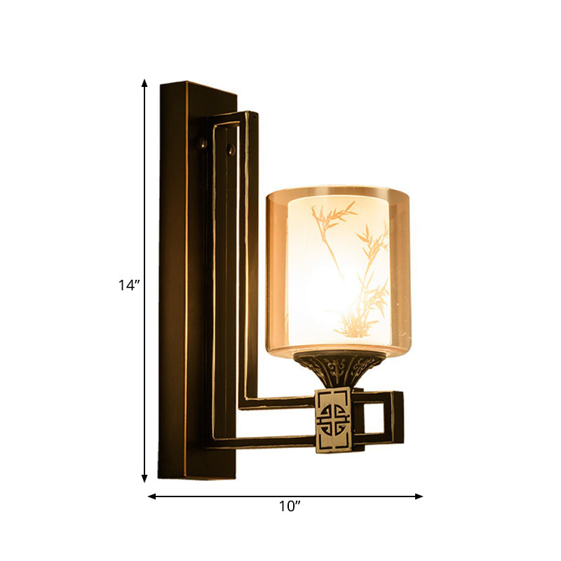 Vivolux | Zwarte cilinder voorwandlamp in traditionele stijl met amberkleurig glas 1 licht woonkamer wandlamp met metalen achterplaat