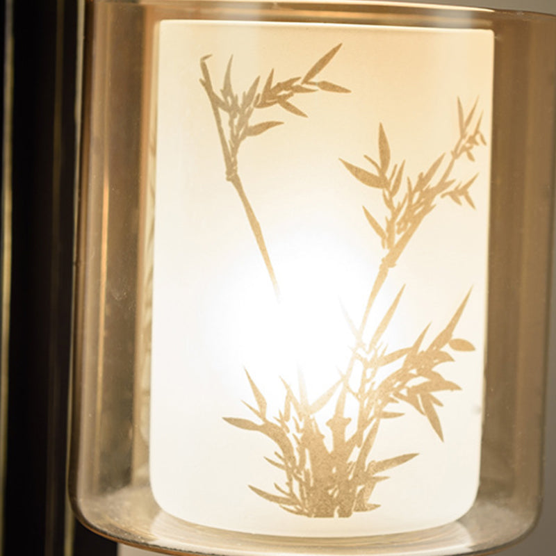 Vivolux | Zwarte cilinder voorwandlamp in traditionele stijl met amberkleurig glas 1 licht woonkamer wandlamp met metalen achterplaat
