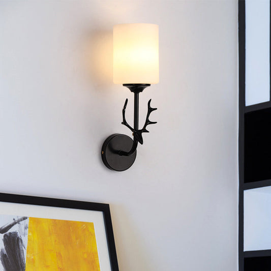 Vivolux | Schwarz/Messing 1-Glühbirne Wandbeleuchtung Ländlich Weißes Glas Zylindrische Wandmontierte Lampe für Wohnzimmer