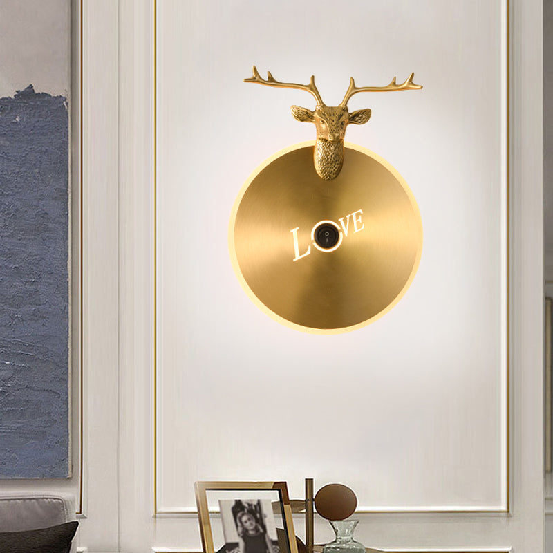 Vivolux | Runde Panel Metall Wandlicht Traditionelles Wohnzimmer LED Wandleuchte Leuchten in Messing/Schwarz mit Elch Dekoration