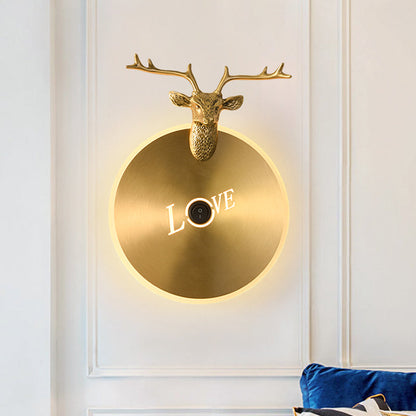 Vivolux | Runde Panel Metall Wandlicht Traditionelles Wohnzimmer LED Wandleuchte Leuchten in Messing/Schwarz mit Elch Dekoration