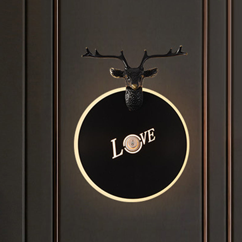 Vivolux | Runde Panel Metall Wandlicht Traditionelles Wohnzimmer LED Wandleuchte Leuchten in Messing/Schwarz mit Elch Dekoration