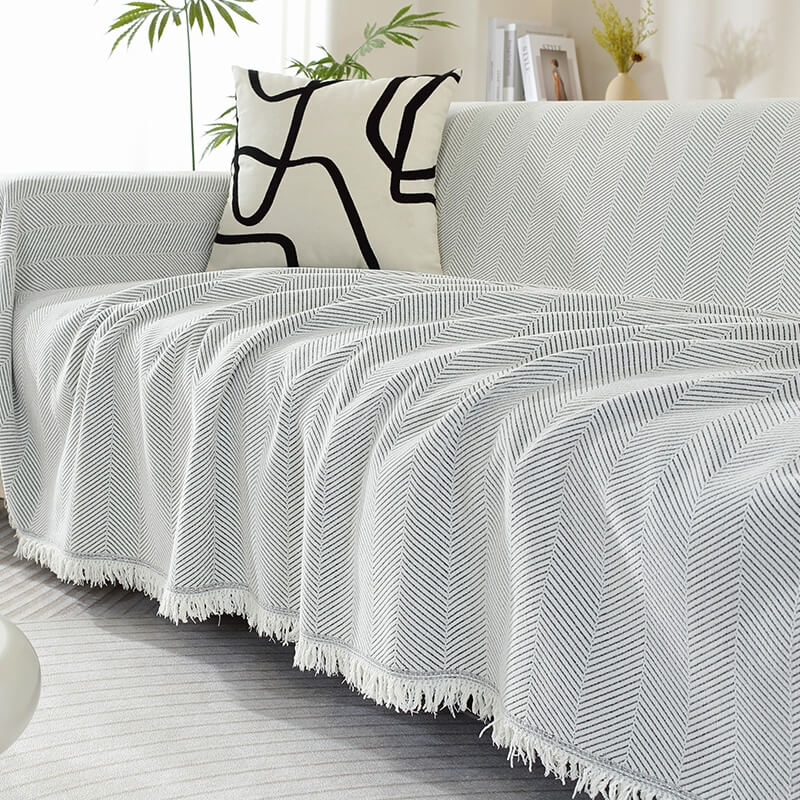 Vivolux | Chenille Decke Fischgrat Quaste Couchbezug