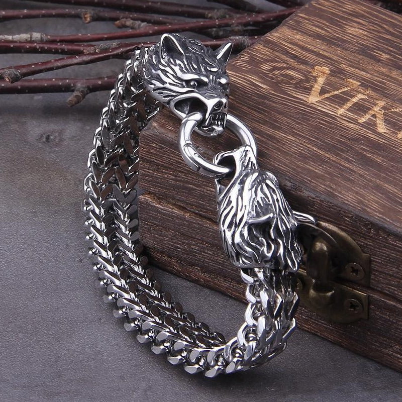 Viking Edelstahl Doppelwolfkopf Fenrir Armband