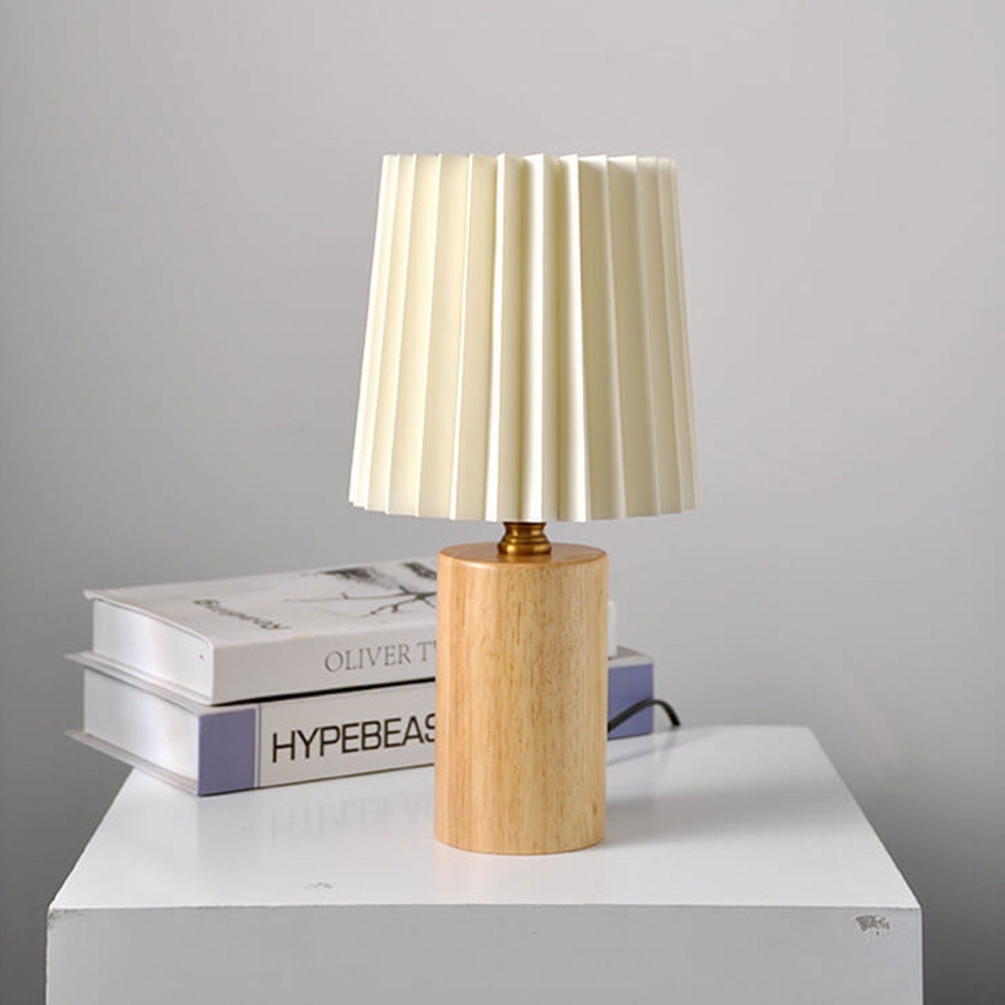 Vivolux | Vintage Korean Plissee Säule Massivholz Basis 1-Licht Tischlampe