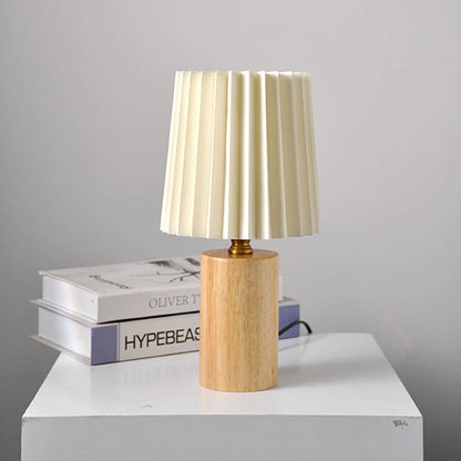 Vivolux | Vintage Korean Plissee Säule Massivholz Basis 1-Licht Tischlampe