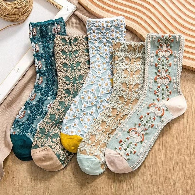 5 Paar Vintage Blumen Stickerei Socken