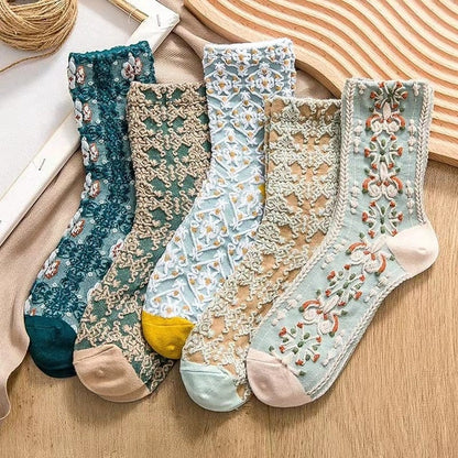 5 Paar Vintage Blumen Stickerei Socken