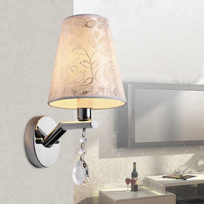 Vivolux | Tapered Wohnzimmer Wandleuchte Traditionell Stoff 1 Glühbirne Weiß LED Wandleuchte mit klarem Kristallanhänger