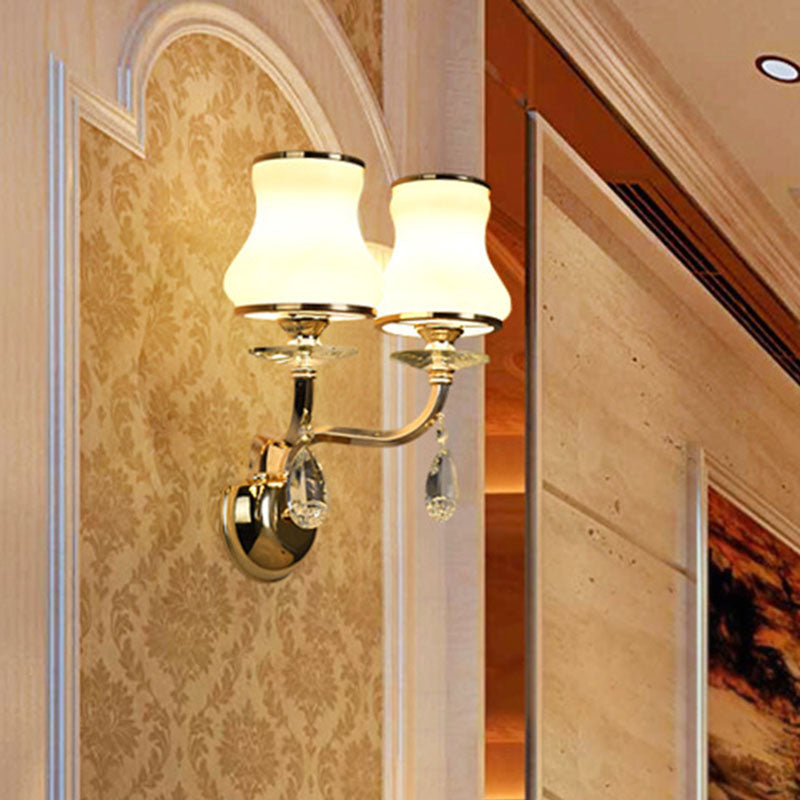 Vivolux | Witte Glazen Bel Wandmontage Lamp Vintage 1/2 Koppen Woonkamer LED Wandlicht Armatuur met Kristallen Accent