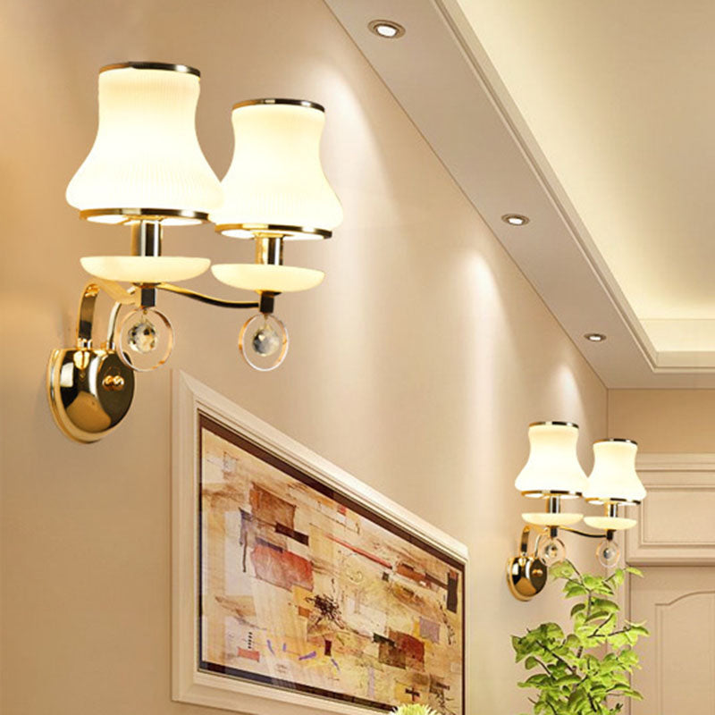 Vivolux | Witte Glazen Bel Wandmontage Lamp Vintage 1/2 Koppen Woonkamer LED Wandlicht Armatuur met Kristallen Accent