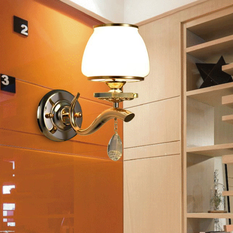 Vivolux | Dome Schlafzimmer Wandleuchte Traditionell Weißes Glas 1/2 Köpfe Wandbeleuchtung Leuchte mit Hänkelkristall