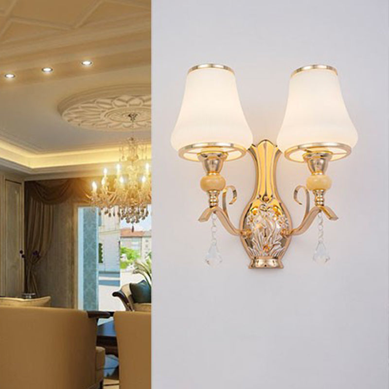 Vivolux | Opal Glas Bel Wand Gemonteerde Lamp Retro 2 Hoofden Woonkamer Wandlamp Verlichting met Kristallen Drapering