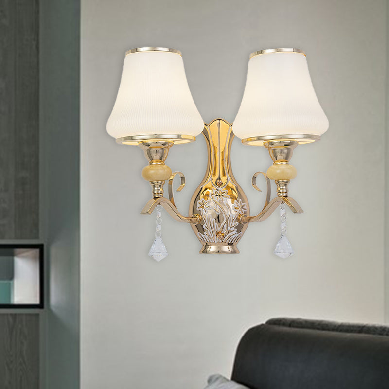 Vivolux | Opal Glas Bel Wand Gemonteerde Lamp Retro 2 Hoofden Woonkamer Wandlamp Verlichting met Kristallen Drapering