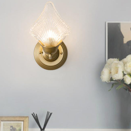 Vivolux | Shell Schlafzimmer Wand Sconce Licht Vintage Klare Rippenglas 1/2 Köpfe Gold Wandbeleuchtungsarmatur
