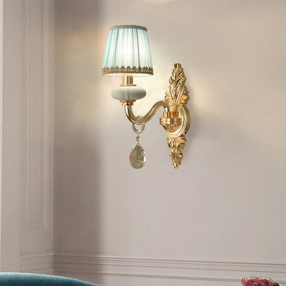 Vivolux | Barrel Schlafzimmer Wand Licht Sconces Traditionelles Stoff 1/2 Köpfe Pink/Blau Wandbeleuchtung mit Kristallakzent