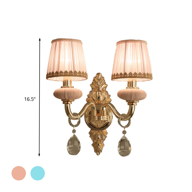 Vivolux | Barrel Schlafzimmer Wand Licht Sconces Traditionelles Stoff 1/2 Köpfe Pink/Blau Wandbeleuchtung mit Kristallakzent