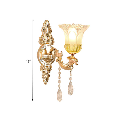 Vivolux | 1/2 Köpfe Frosted Glass Wandlampe Traditionalist Gold Flower Wohnzimmer Wandmontierte Licht mit Kristall Drapierung