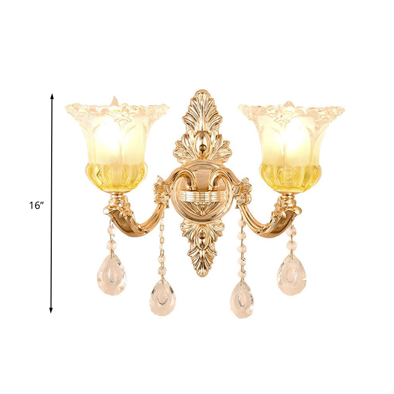Vivolux | 1/2 Köpfe Frosted Glass Wandlampe Traditionalist Gold Flower Wohnzimmer Wandmontierte Licht mit Kristall Drapierung