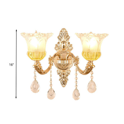 Vivolux | 1/2 Köpfe Frosted Glass Wandlampe Traditionalist Gold Flower Wohnzimmer Wandmontierte Licht mit Kristall Drapierung