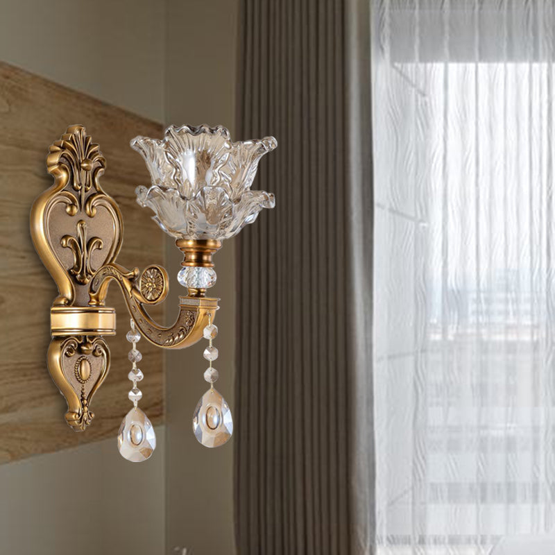 Vivolux | 1/2 Bulbs Wandleuchte Sconces Traditionelle Wohnzimmer Wandbeleuchtung mit Blütenwasser-Glas-Schirm in Messing