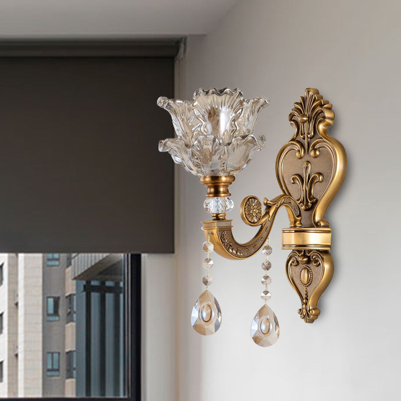 Vivolux | 1/2 Bulbs Wandleuchte Sconces Traditionelle Wohnzimmer Wandbeleuchtung mit Blütenwasser-Glas-Schirm in Messing