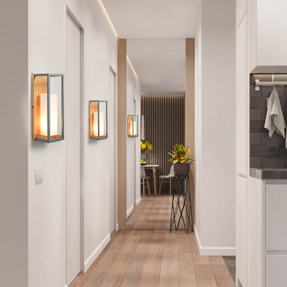 Vivolux | Grijze Tubulaire Wandlamp Aziatisch 1 Peertje Wit Glas Muur Bevestigde Verlichting met Houten Rechthoekige Achterplaat