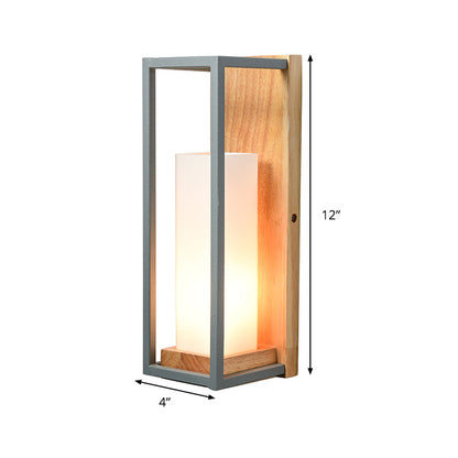 Vivolux | Grijze Tubulaire Wandlamp Aziatisch 1 Peertje Wit Glas Muur Bevestigde Verlichting met Houten Rechthoekige Achterplaat